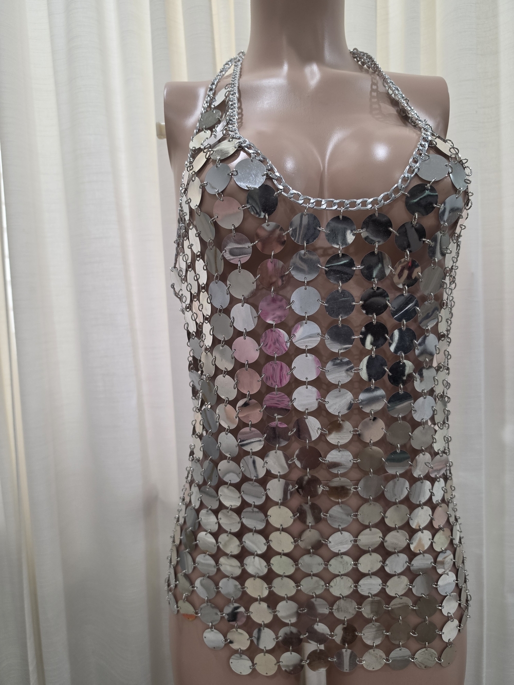 12th Tribe silver metallic disc chainmail mini dress / statement top with origin